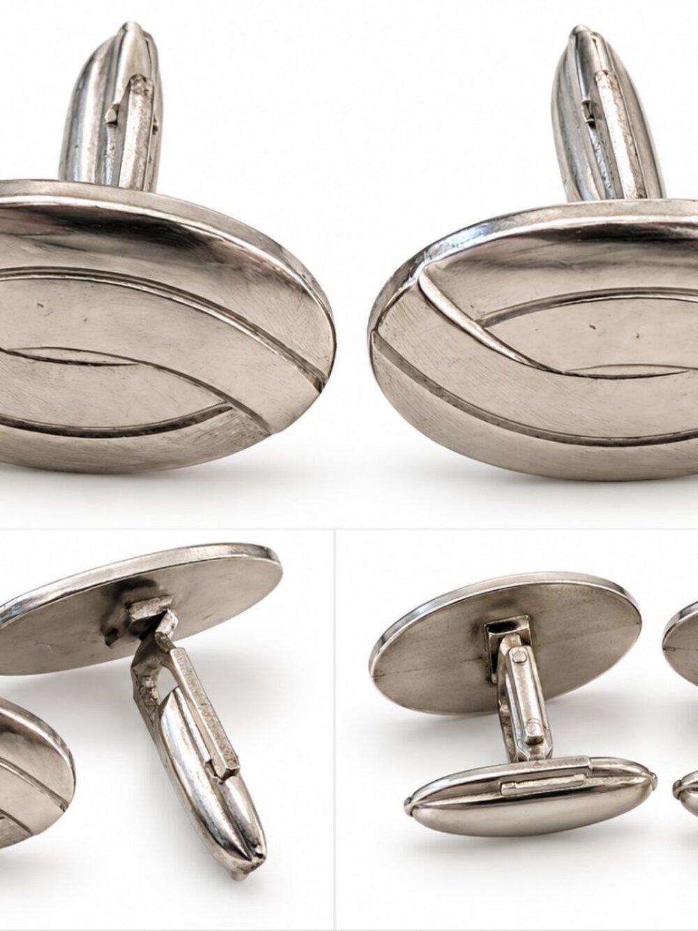 Vintage Silver Tone Oval Cufflinks – Abstract Wave Design – Mid Century Modern M